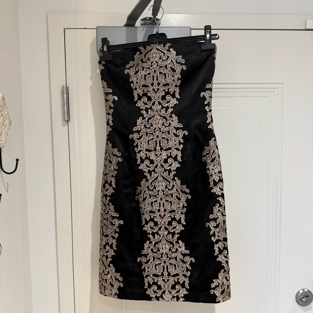 Le Chateau Black/Soft Gold Brocade Dress